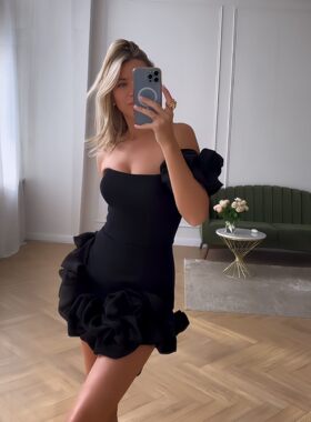 Sexy Party Dress女派对礼服荷叶边花苞收腰连衣裙单肩抹胸包臀裙