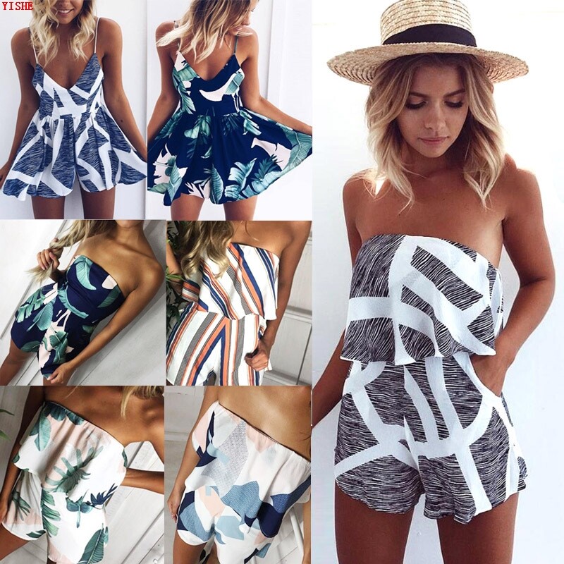 women's printed loose suspender shorts欧美宽松吊带连体短裤女