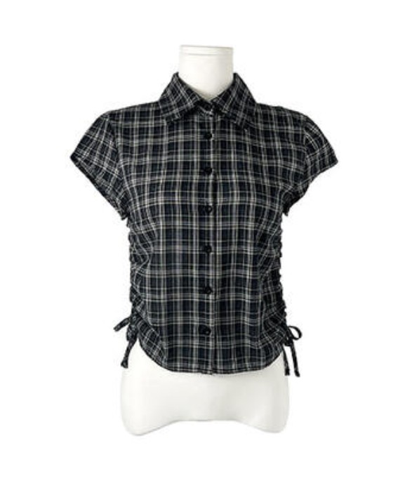 thumbnail for Unique SEI Korean street summer drawstring slimming plaid short-sleeved shirt top workwear loose slacks