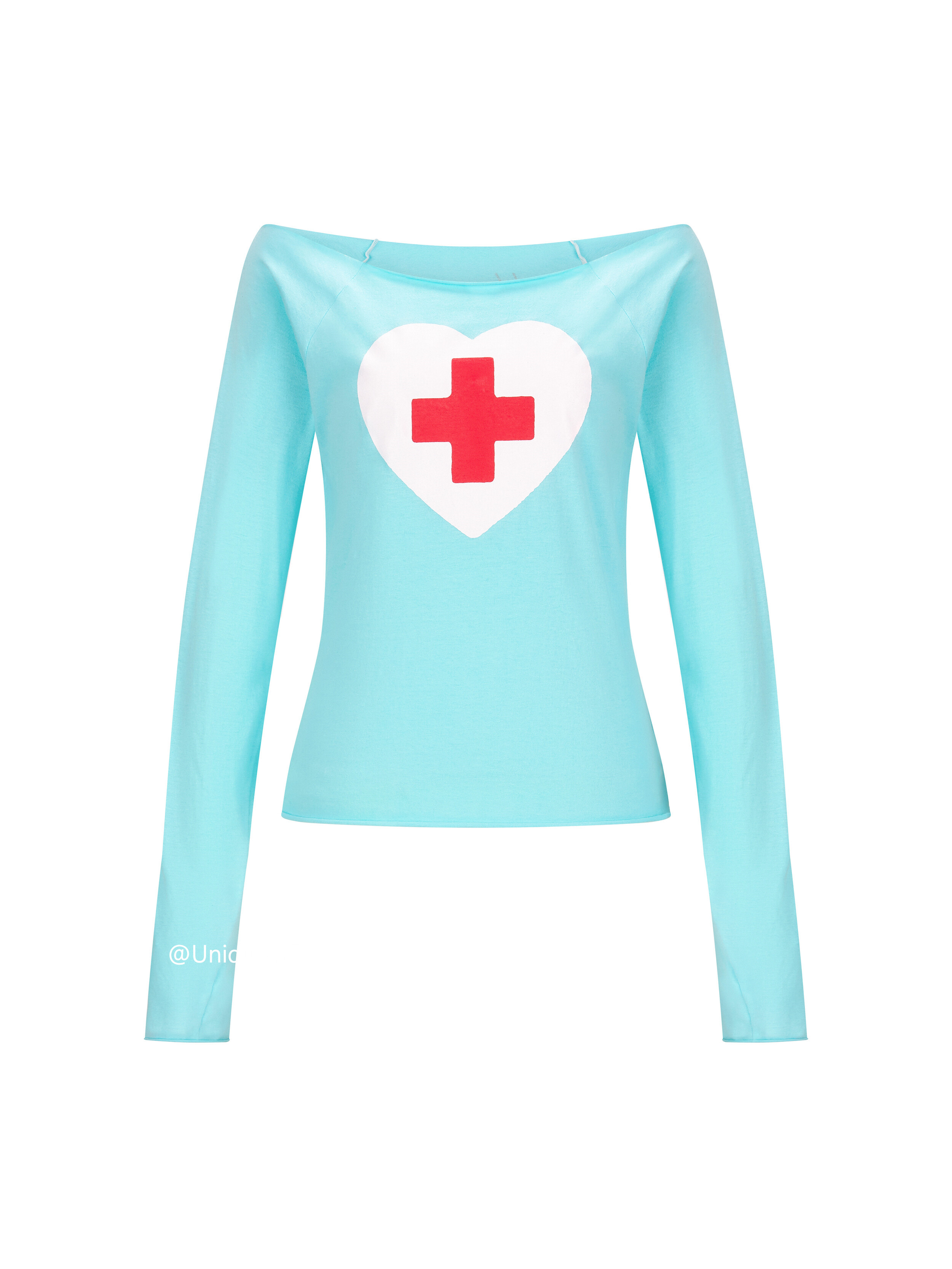 thumbnail for Unique SEI Korean niche love print slimming versatile cross-collar off-the-shoulder cut long sleeve T-shirt top for women