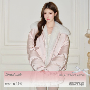 RECIT 淡粉色光泽感缎面拼毛廓形ins少女风宽松慵懒感羽绒服冬