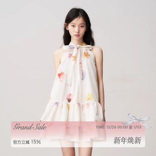 抽象花卉蝴蝶结系带挂脖连衣裙木耳边蓬蓬短裙 RECIT 任敏同款