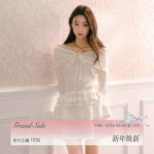 针织衫 长袖 上衣 白色镂空马海毛混纺千金感一字肩蝴蝶结修身 RECIT