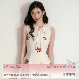 RECIT 米色立体花朵刺绣无袖连衣裙女冬季木耳边修身收腰背心短裙