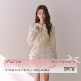 RECIT 米白色重工多层蛋糕裙半身裙女春装千金风缎面拼接蕾丝短裙