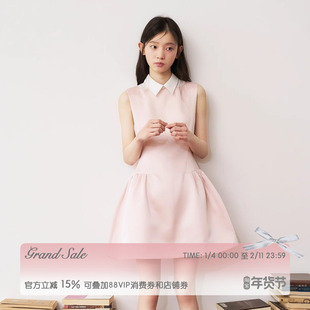 RECIT 淡粉色缎面背心连衣裙女冬季收腰假两件无袖衬衫领A字短裙