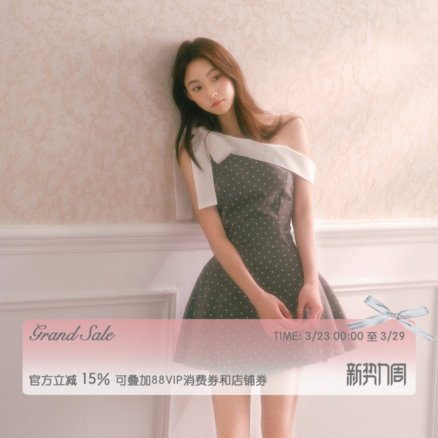 RECIT 烟灰色波点斜肩小众连衣裙女春夏蝴蝶结千金收腰蓬蓬短裙子