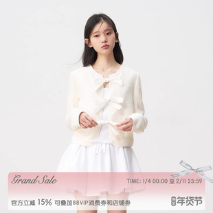 RECIT 米白撞色缎面系带蝴蝶结小香风短外套女冬季千金感正肩上衣