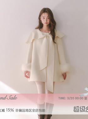 RECIT 白色100%羊毛双面大衣女秋冬蝴蝶结搭片毛毛袖短款毛呢外套