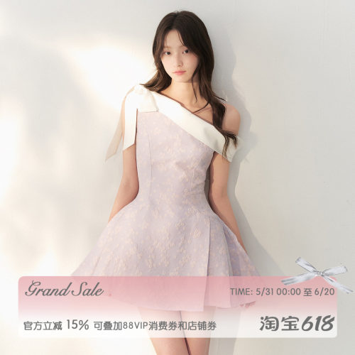 RECIT 薰衣草紫油画提花斜肩连衣裙女夏季立体蝴蝶结收腰A字短裙