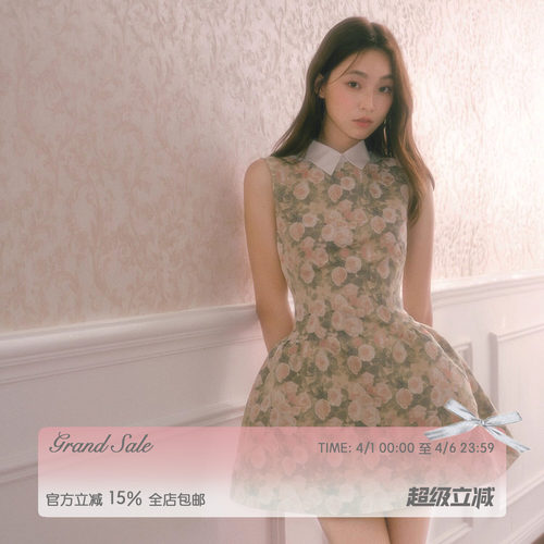 RECIT复古玫瑰油画蓬蓬连衣裙