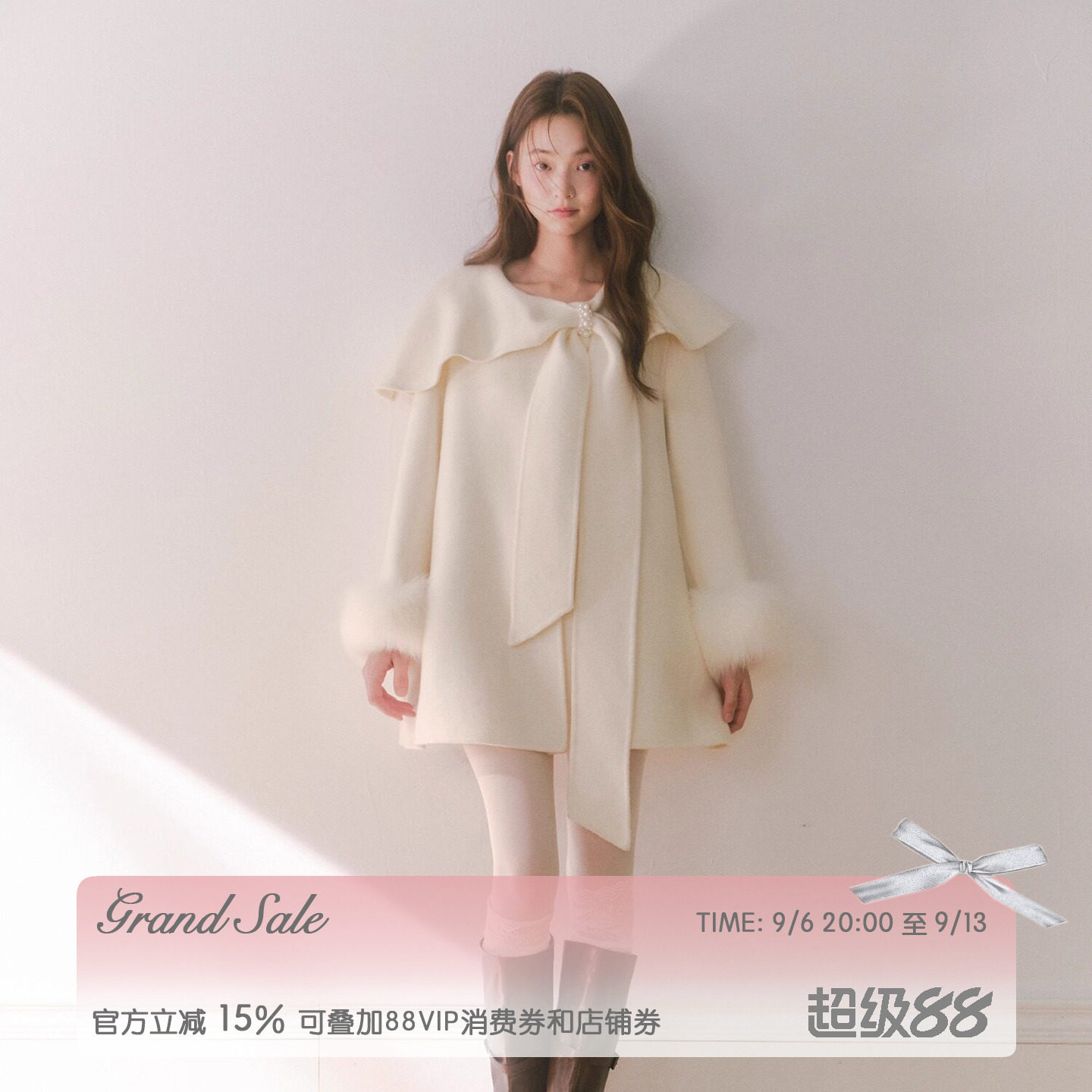 RECIT 白色100%羊毛双面大衣女秋冬蝴蝶结搭片毛毛袖短款毛呢外套