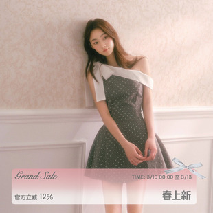 RECIT 烟灰色波点斜肩小众连衣裙女春夏蝴蝶结千金收腰蓬蓬短裙子