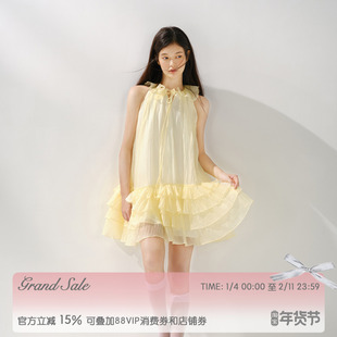 RECIT“柠檬香气”明黄色系带无袖连衣裙女宽松多层木耳边蛋糕裙