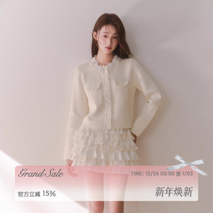 针织上衣冬 玫瑰蕾丝钉珠领千金少女感长袖 RECIT 白色重工立体法式