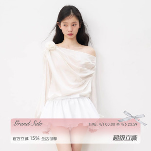 RECIT 白色光泽感缎面短裙裤 立体蝴蝶结千金半身裙 赵露思同款