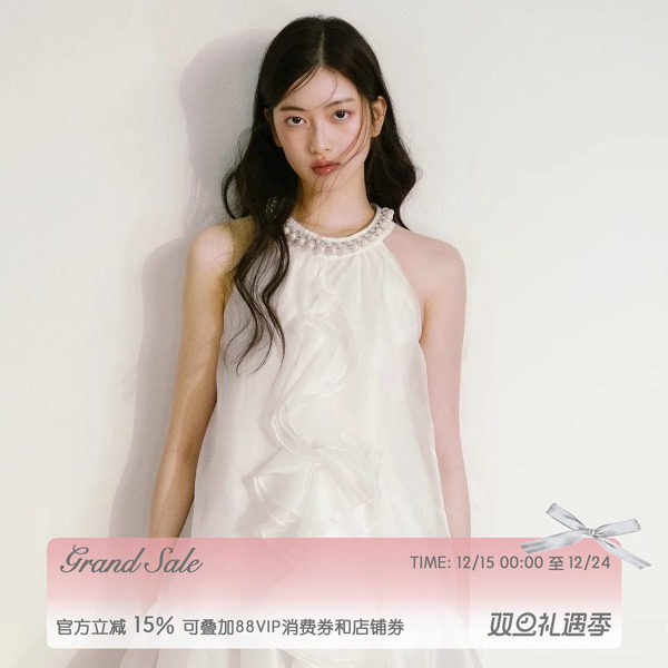 层叠欧根纱系带蝴蝶结珍珠领口