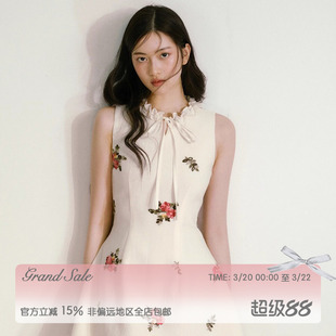 RECIT 米色立体花朵刺绣无袖连衣裙女春夏木耳边修身收腰背心短裙