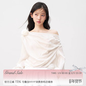 RECIT 打底衫 白色醋酸缎面一字领斜肩上衣女冬季 立体玫瑰荡领长袖