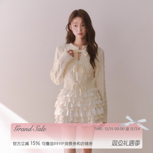 米白色重工多层蛋糕裙半身裙女冬季 RECIT 千金风缎面拼接蕾丝短裙