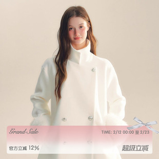 RECIT 白色富家千金含羊毛大衣女冬装宽松高级感立领短款毛呢外套