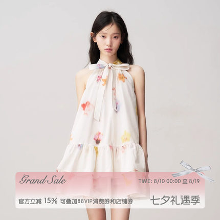 【徐绿杨同款】RECIT 花卉蝴蝶结挂脖连衣裙女木耳边蓬蓬无袖短裙