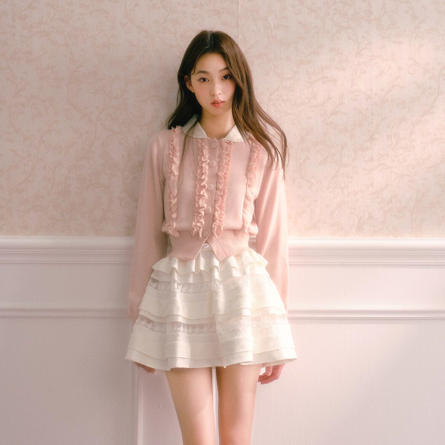 RECIT 粉色娃娃领含羊毛针织开衫女春装小众设计感短款毛衣外套