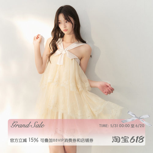 RECIT法式蕾丝大摆度假连衣裙