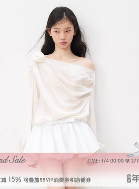 RECIT 白色光泽感缎面短裙裤女冬季立体蝴蝶结千金褶皱蓬蓬半身裙