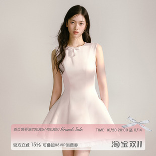 RECIT 蓬蓬裙 淡粉色光泽缎面背心连衣裙女秋冬拼接网纱芭蕾风无袖