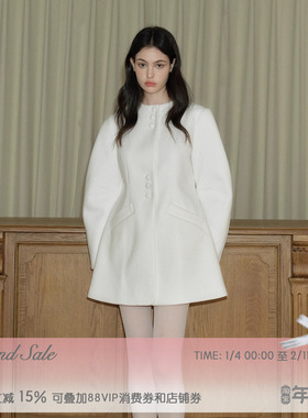 RECIT原创设计 白色重工羊腿袖毛呢外套女冬季可拆卸毛领收腰大衣