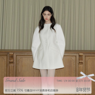 RECIT原创设计 白色重工羊腿袖毛呢外套女冬季可拆卸毛领收腰大衣