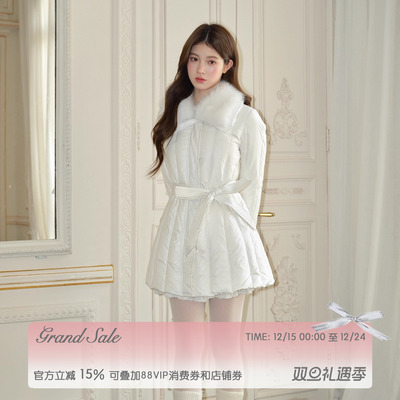 RECIT 白色拼接毛领收腰系带90国标白鸭绒少女中长款排骨羽绒服