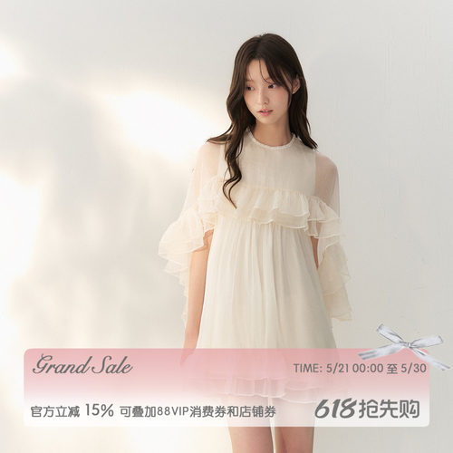 RECIT米色薄纱千金感斗篷连衣裙