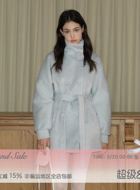 RECIT 冰川蓝立体玫瑰含羊毛呢大衣女冬季收腰系带中短款毛呢外套