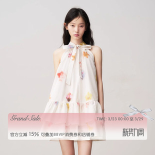 【任敏同款】RECIT 抽象花卉蝴蝶结系带挂脖连衣裙木耳边蓬蓬短裙