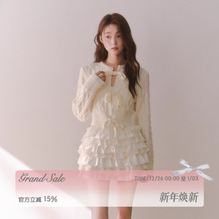 RECIT 千金风缎面拼接蕾丝短裙 米白色重工多层蛋糕裙半身裙女冬季