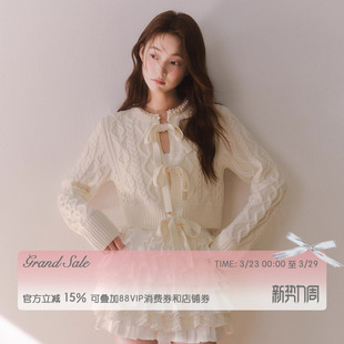 RECIT 复古钩针系带蝴蝶结针织开衫女春装手工珍珠领短款毛衣外套