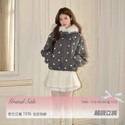 RECIT 灰色立体毛绒波点连帽毛领休闲少女风羊毛短款大衣短外套