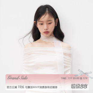 RECIT 白色弹力网纱飘带假两件一字肩上衣+蕾丝绣花半裙两件套装