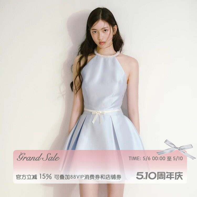 RECIT 光泽缎面珍珠挂脖连衣裙女夏季小众设计感收腰无袖蓬蓬短裙