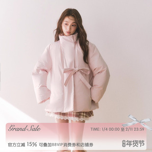 RECIT 樱花粉色蝴蝶结设计感羽绒服女冬季小众短款90白鸭绒厚外套