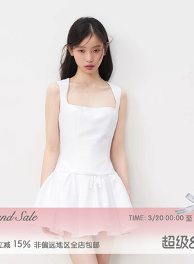 RECIT 白色缎面复古千金感U领连衣裙女春夏蝴蝶结收腰A字蓬蓬短裙