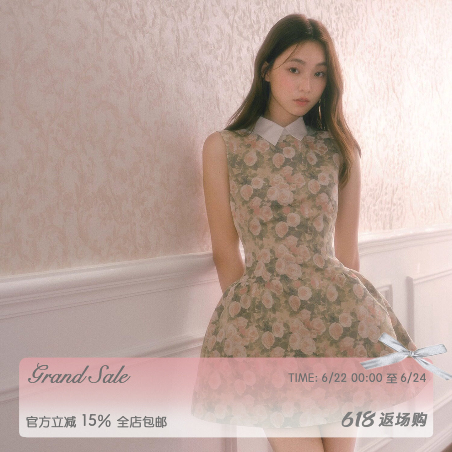 RECIT复古玫瑰油画蓬蓬连衣裙