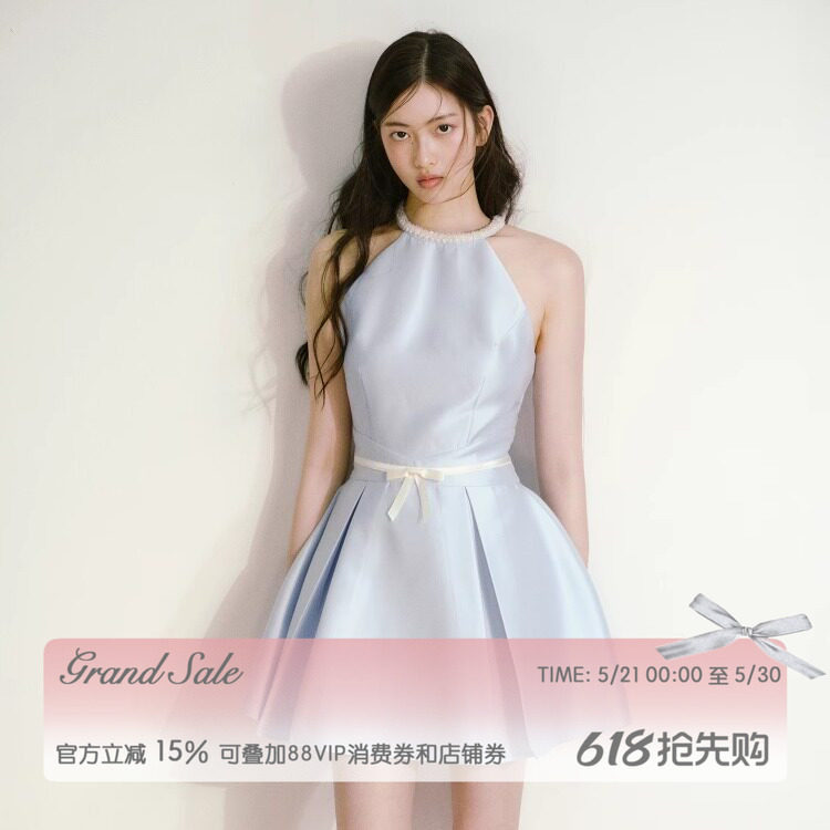 【黄灿灿同款】RECIT 蓝色缎面珍珠挂脖连衣裙收腰无袖蓬蓬短裙
