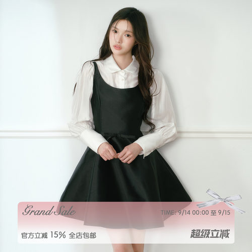 RECIT 黑色光泽感赫本吊带连衣裙女千金感无袖短裙A字收腰小黑裙