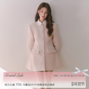 RECIT 嫩粉色千金风含羊毛大衣女冬装假两件衬衫领中短款毛呢外套