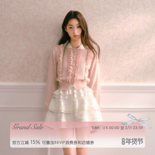 RECIT 粉色娃娃领含羊毛针织开衫女冬季小众设计感短款毛衣外套