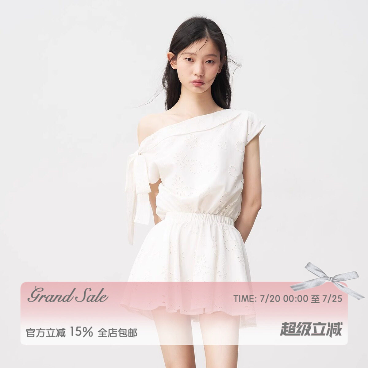 白色法式斜肩系带连衣裙