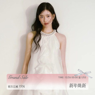 RECIT月光白层叠欧根纱系带蝴蝶结珍珠领口蓬蓬裙连衣裙千金风女